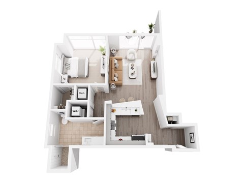 A top-down view of a modern apartment layout.